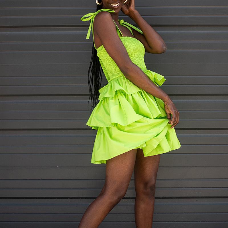 Spaghetti Strap High Waist Dress: Playful, Sweet, and Fashionable Solid Color Swing Skirt