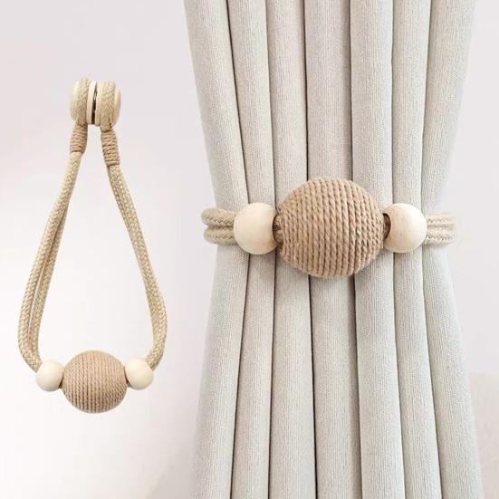 2PCS Magnetic Curtain Ties,with Strong Suction, Woven Rope And Wooden Beads Tiebacks, for Nordic Japanese Style Home Decor