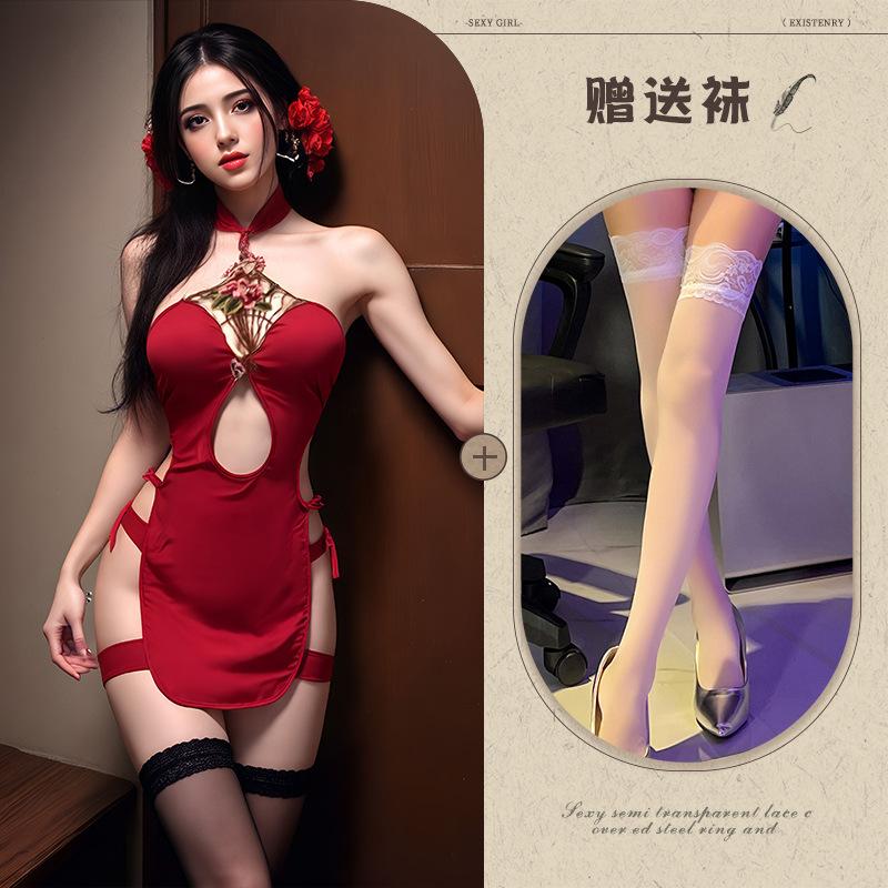 Sex Underwear Hollow Embroidery Uniform Sexy Retro Sexual Intercourse Cheongsam Republic of China Style Split Cheongsam