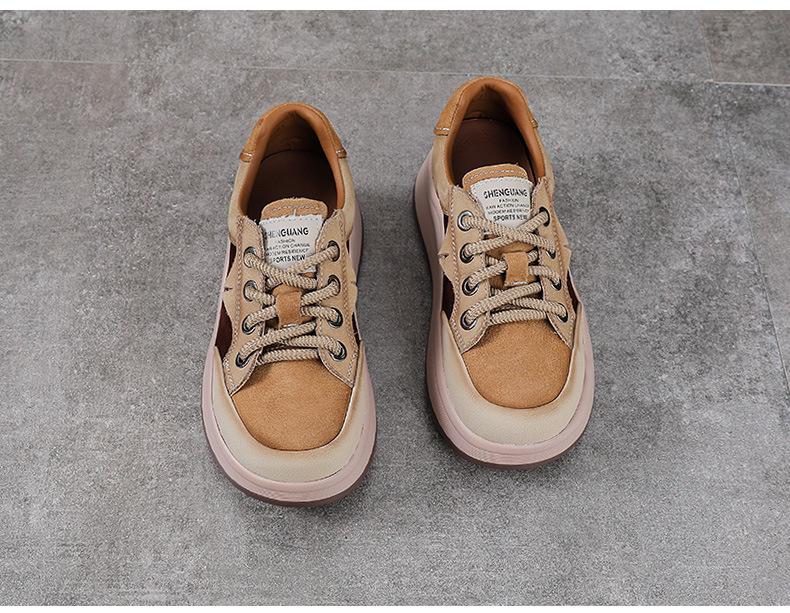 Autumn Women's Thick Sole Genuine Leather Lace-up Casual Shoes - Colorblock Low-top Spring Design