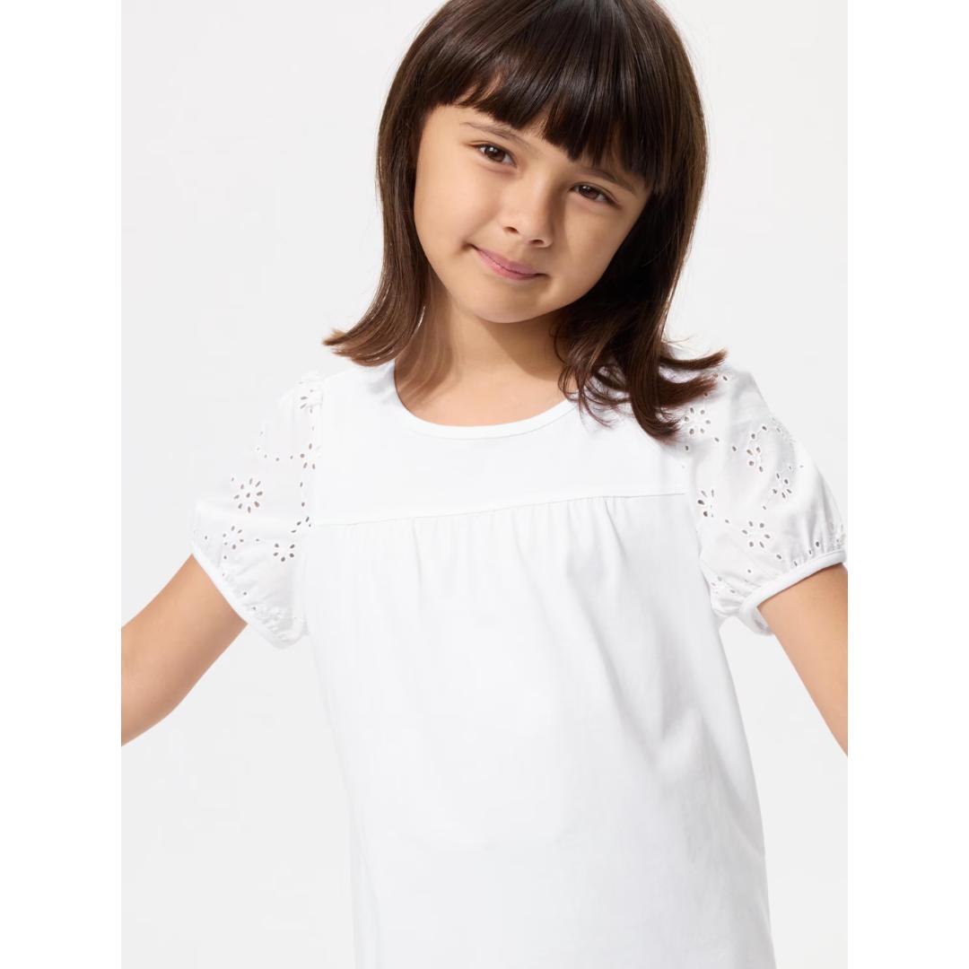 UNIQLO 483396 Girls Puff Sleeve Embroidery T-Shirt Kids Short Sleeve WHITE / LIGHT PURPLE Japan 100 белый