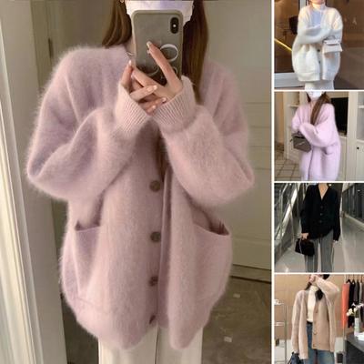 Women's Fuzzy Cardigan V Neck Button Down Oversized Fluffy Coat Fall Winter Casual Long Sleeve Slouchy Furry Sweater