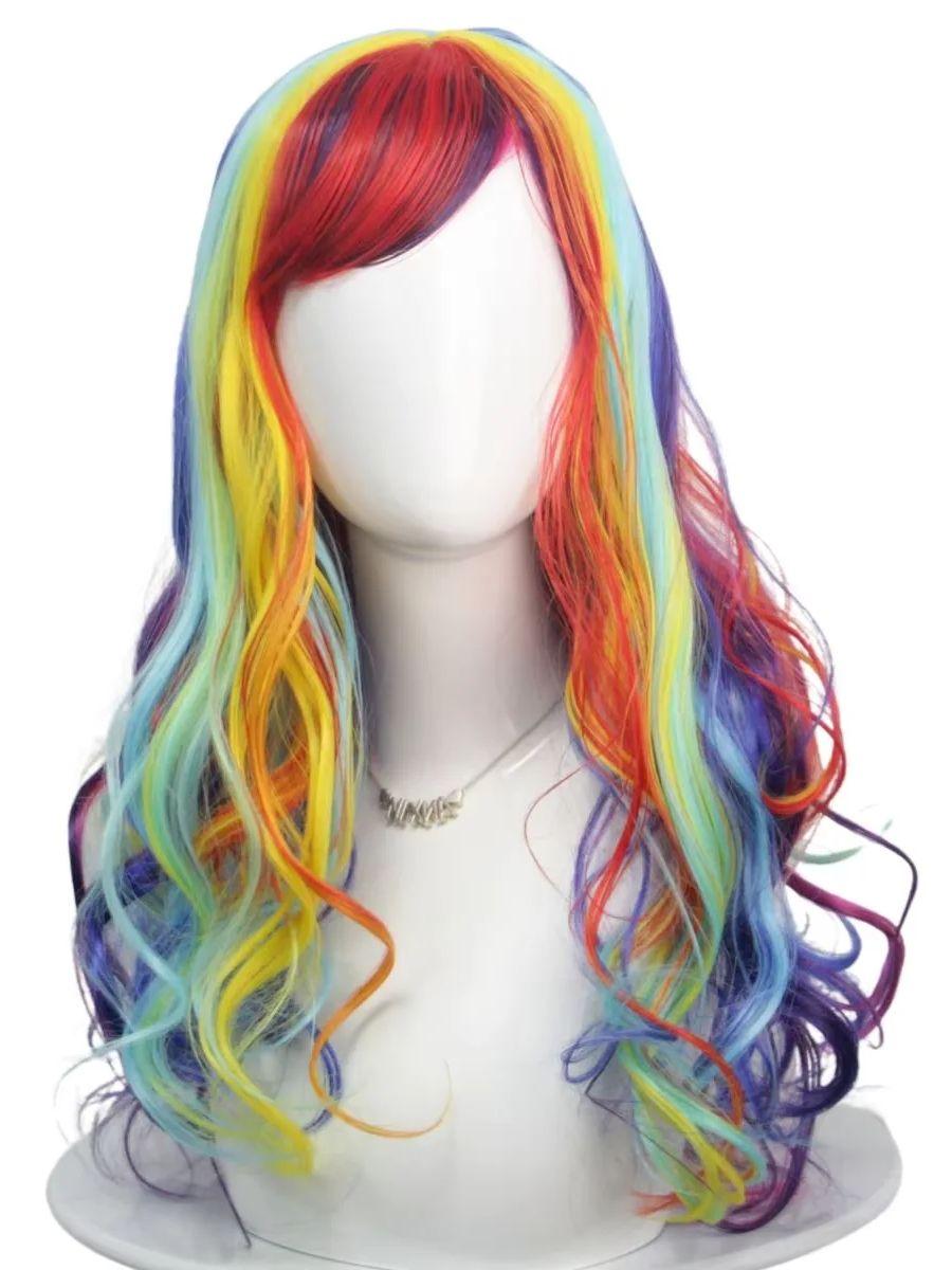 

Fashion Rainbow Color Wave Long Curly Hair Fiber Synthetic Wig Anime Party Holiday cosplay