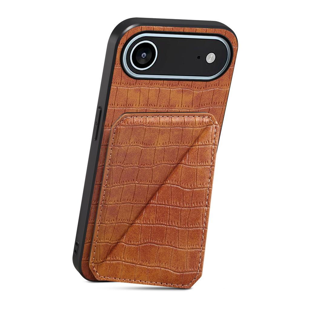For iPhone 17 Air Case with Card Holder Leather+PC+TPU Crocodile Textured Back Cover
