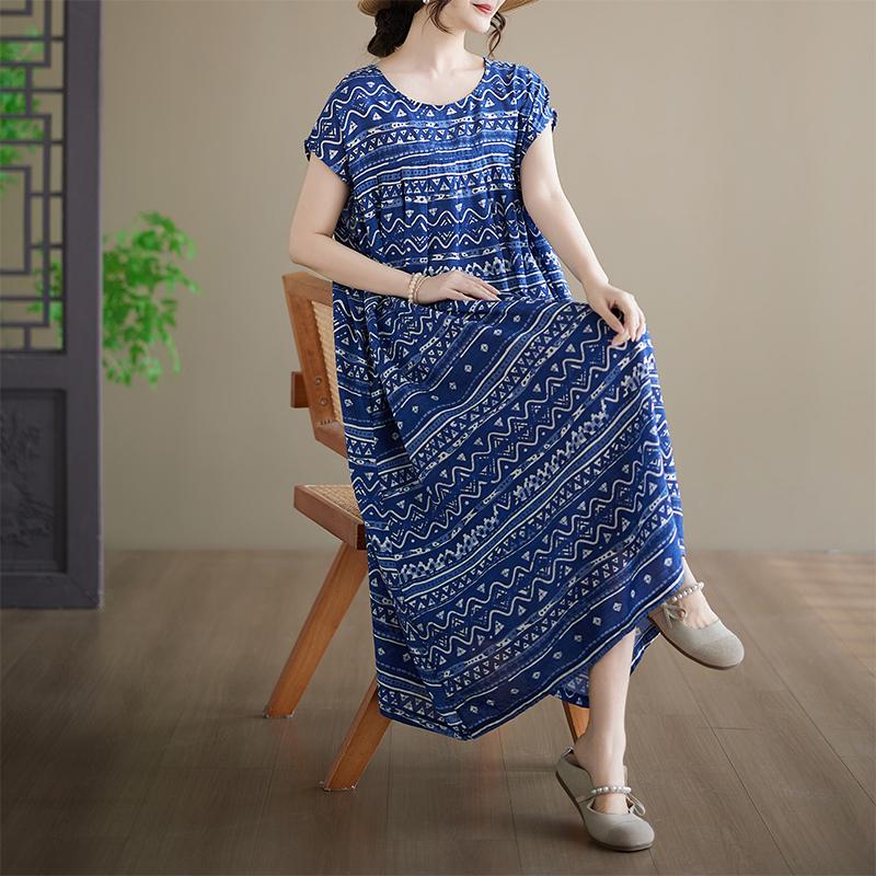 DIMANAF New 2026 Summer Beach Women Plus Size Cotton Lady Vintage Long Dress Floral Print Loose Oversize