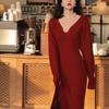 Autumn and winter new gentle with coat sweater with bottom V-neck medium and long knitted dress women