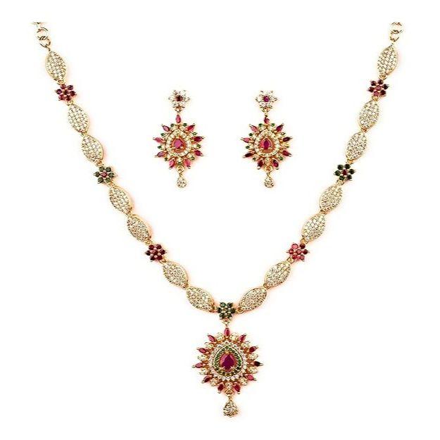 Traditional Micro Gold Plated Multi Color AD American Diamond Jewellery Necklace Jewellery Set for Women and Girls