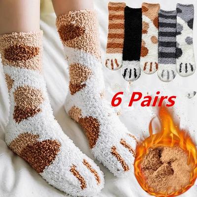 6 Paar Herbst Winter Socken Niedliche Katzenpfoten Socken Für Damen Mädchen Mittelhohe Dicke Schlaf Socken Hausboden Socken