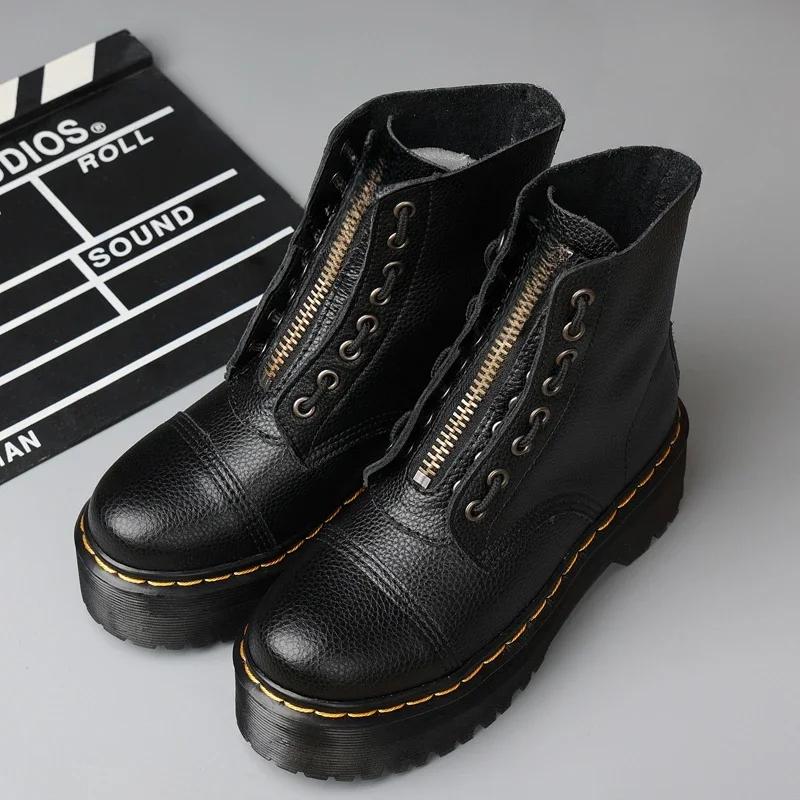 Women Boots Genuine Leather Platform Boots Motorcycle Shoes Front Zipper Optical Soles Fashion Sexy Punk Men Winter Boots 34-45