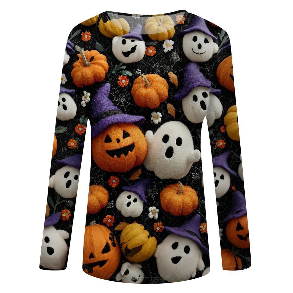 Damen Halloween bedrucktes rundhalsiges lockeres langärmeliges Oberteil