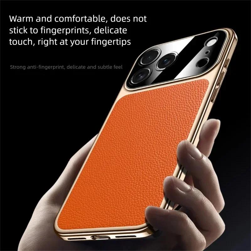 Premium Full Grain Leather Case For iPhone 17 Air Pro Max Luxury Cover Electroplating Frame