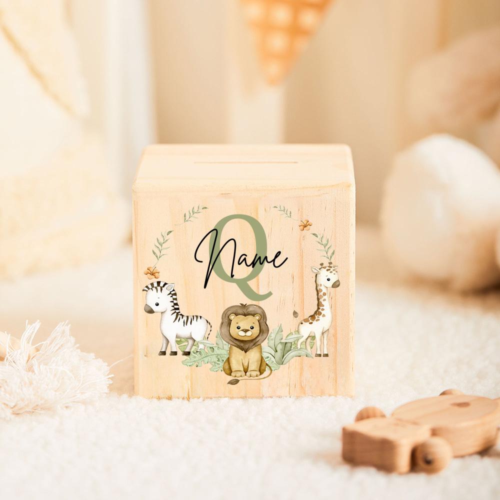 Personalized Money Box Initial with Name Kids Money Boxes Safari Animal Coin Collection Case Wooden Coin Bank Child Shower Gift