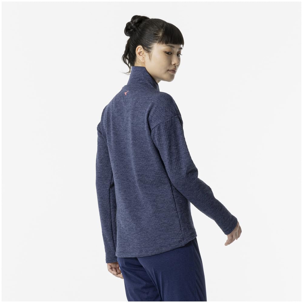 Mizuno Blue Depth Heather Stretch Fleece High Long Size Training Wear Women's Shirt, Neck, Sleeve, 32MAA840,