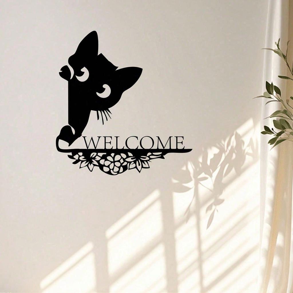 Vintage Metal Black Cat Welcome Sign Wall Decor For Cat Lovers Gift