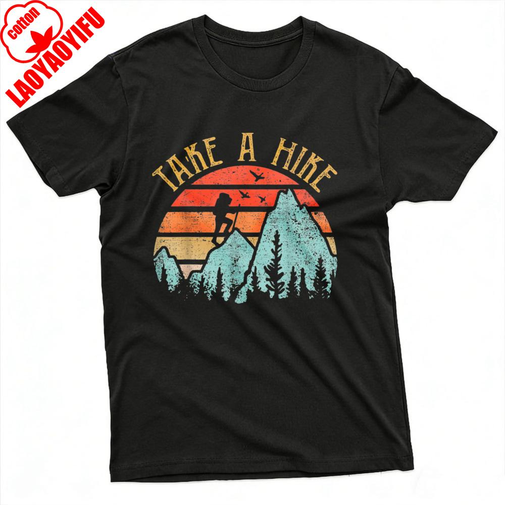 Take A Hike Mountain Sunset Design Summer Men TShirt Vintage Outdoor Style Casual Wear for Nature Adventure Enthusiasts Tops