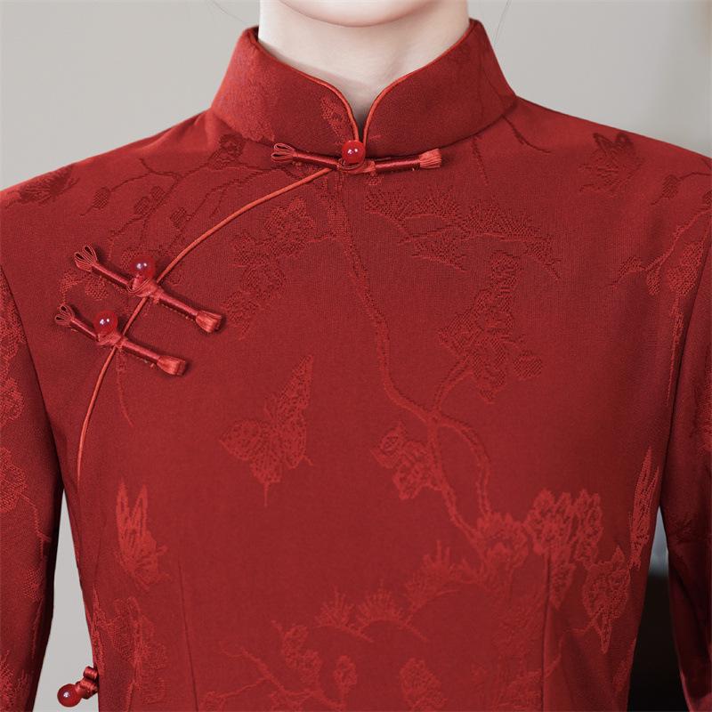 2025 Autumn Wine Red Bridal Cheongsam: Long Sleeve, Long Length Chinese Toasting Evening Gown