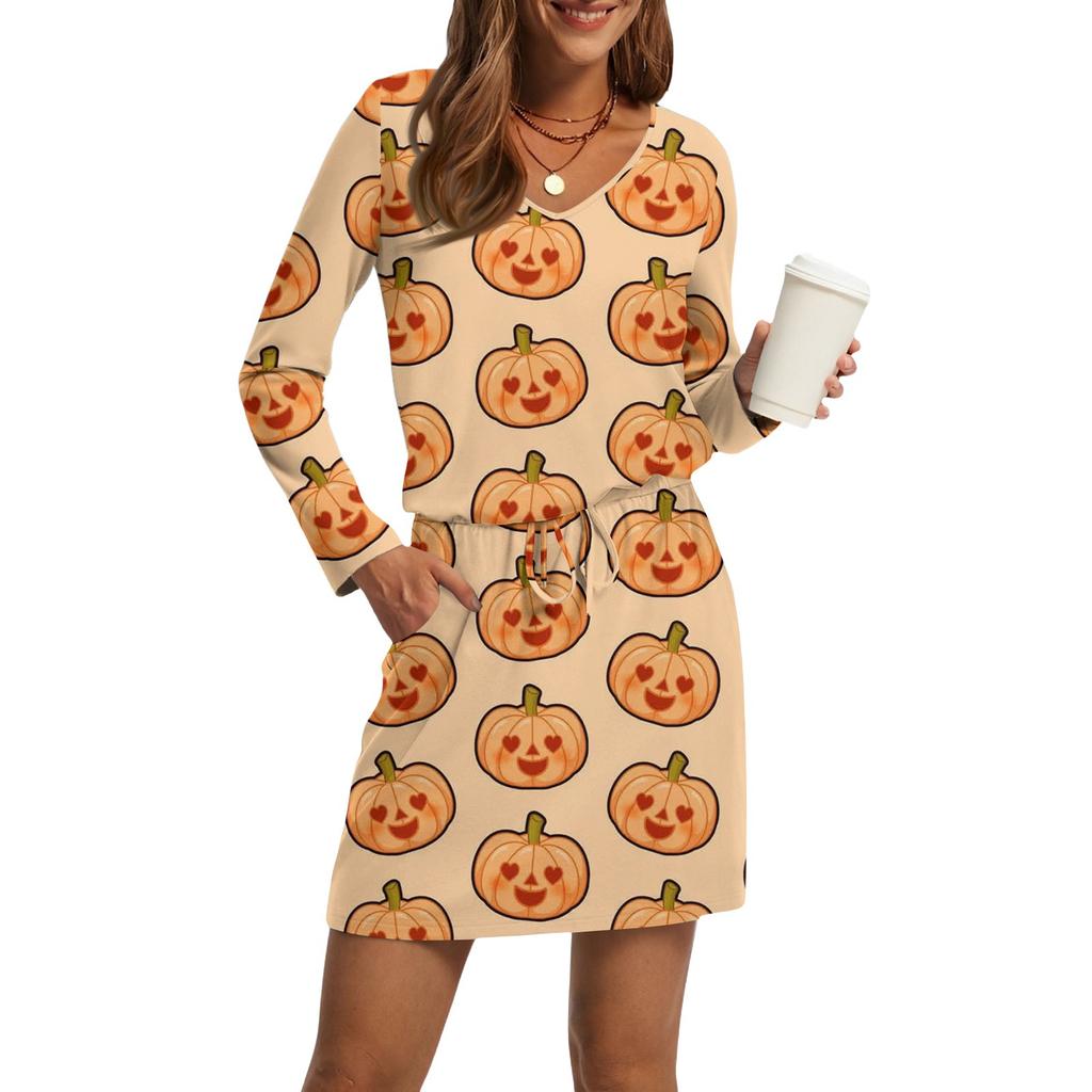 Women's Fashion V-Neck Long Sleeve Drawstring With Pocket Halloween Printed Casual Dresses