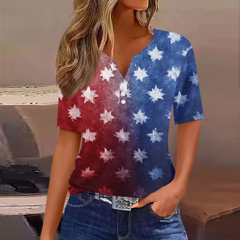 Women's T Shirt Independence Day Print Button Short Sleeve Daily Weekend Fashion Basic V- Neck Regular Top