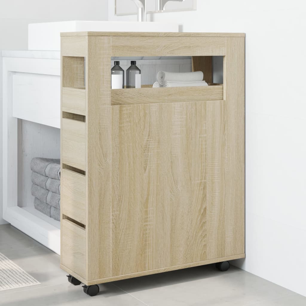 Narrow Bathroom Cabinet with Wheels Sonoma Oak Wood Based Material