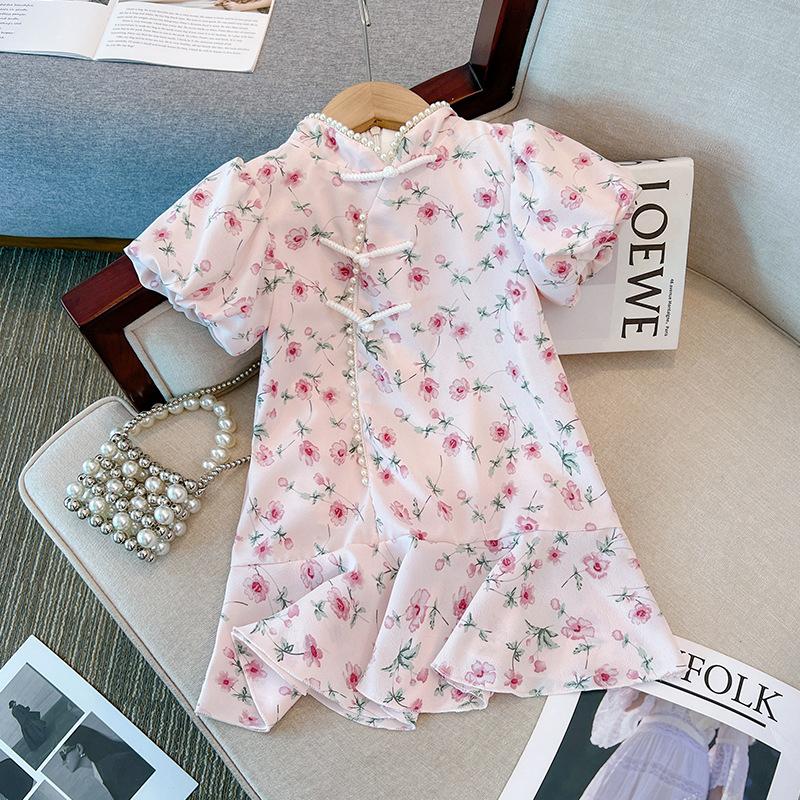 Girls Summer Vintage Cheongsam Dress Kids Chinese Princess Short Sleeve Cotton Linen Baby Girl Party Dress