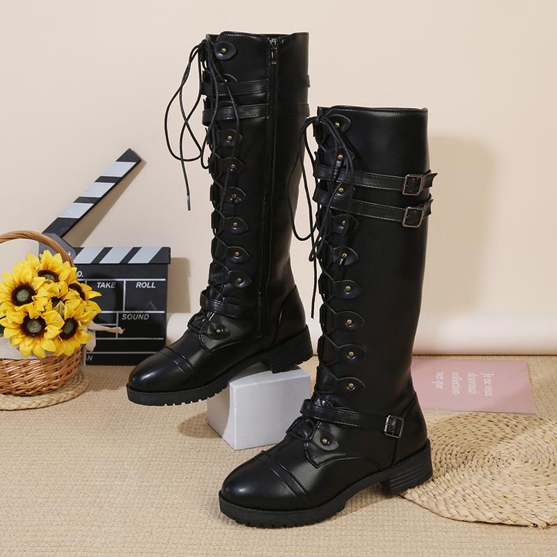 

Fashion Women Knee High Boots Brand Lace Up Platform Shoes Women Sexy Buckle Retro Buckle Luxury Shoes Designer Snow Boots Women 35 чорний