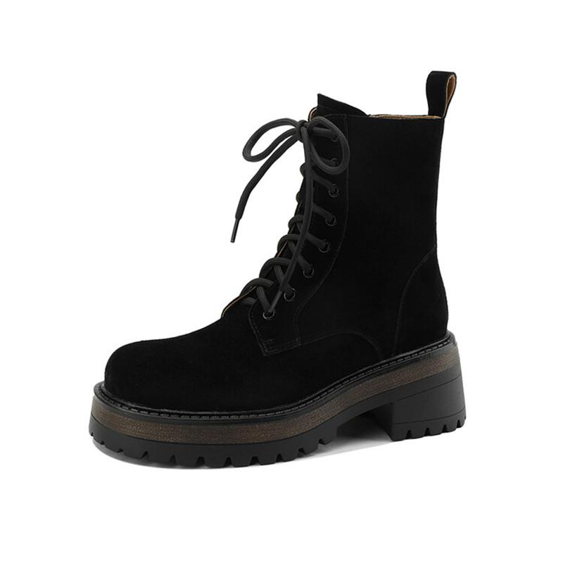 Fashion New Autumn Winter Cow Suede Women Boots Fashion Lace Platform Boots for Women Chunky Heel Short Boots Botines Mujer High Heels
