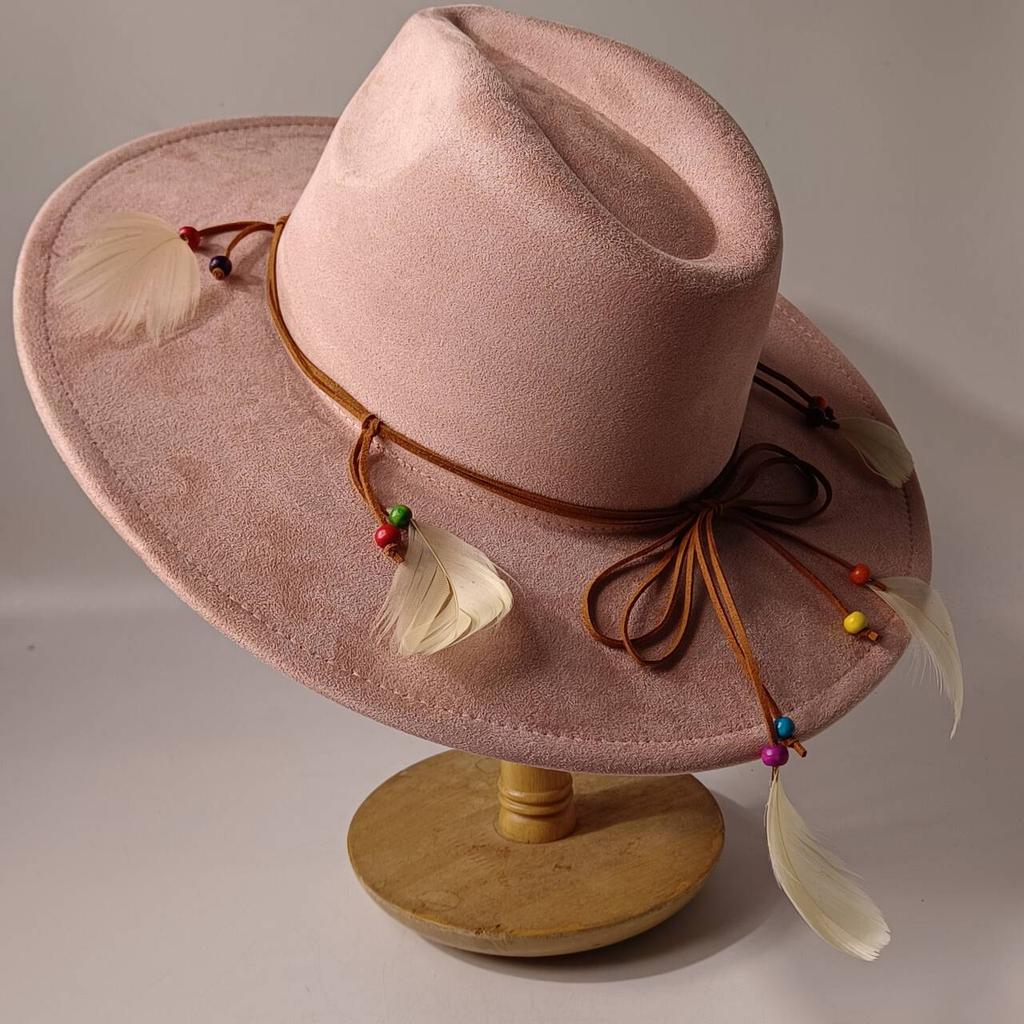 2026Bohemian style suede hat, brim 9.5 cm fedora with feather accessories, classic church hat, wide brim hat, women's hat