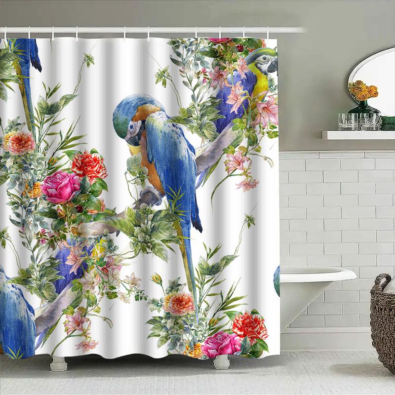 Parrot Bath Shower Curtain Print Home Decor Waterproof Fabric Shower Panels for Bathroom Decoration Blue Parrot Flowers Design