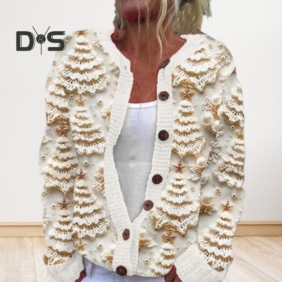 Jachetă cardigan pentru femei, imprimare 3D de Crăciun, cu un singur piept, gât rotund, mâneci lungi, pulover pentru școală de vacanță și navetă