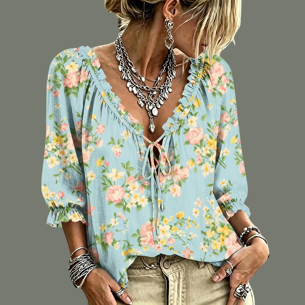 Women's Casual V-Neck Ruffle Tie Printed Blouse