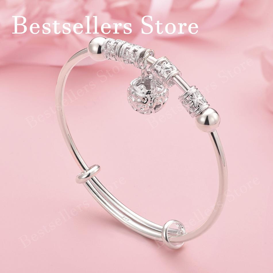 Luxury 925 Sterling Silver Exquisite Beaded Pendant Bangle, Fashionable Wedding Party Jewelry, Adjustable Bangle