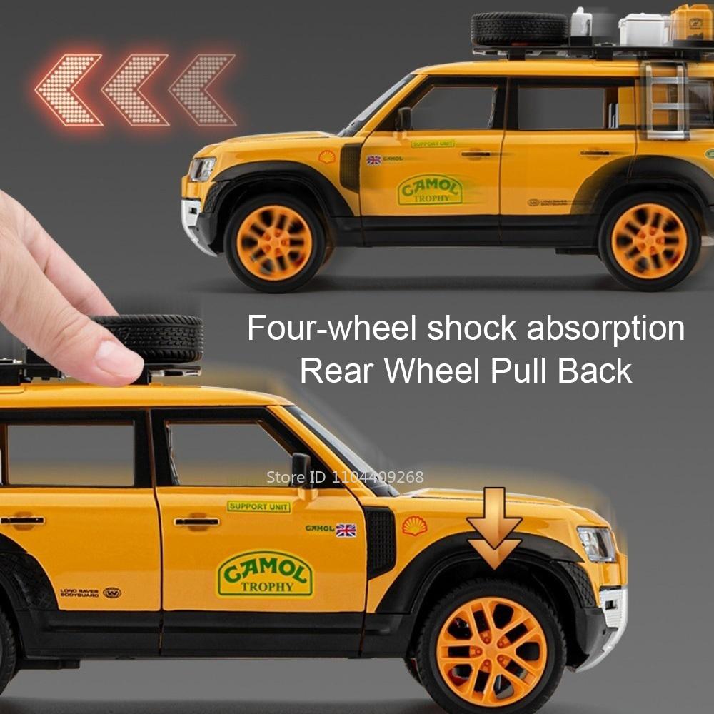 1:24 Defender Range Rover Car Model Toy Doors Opened Music Light Shock Absorption SUV Alloy Off-road Vehicles Toys for Boys
