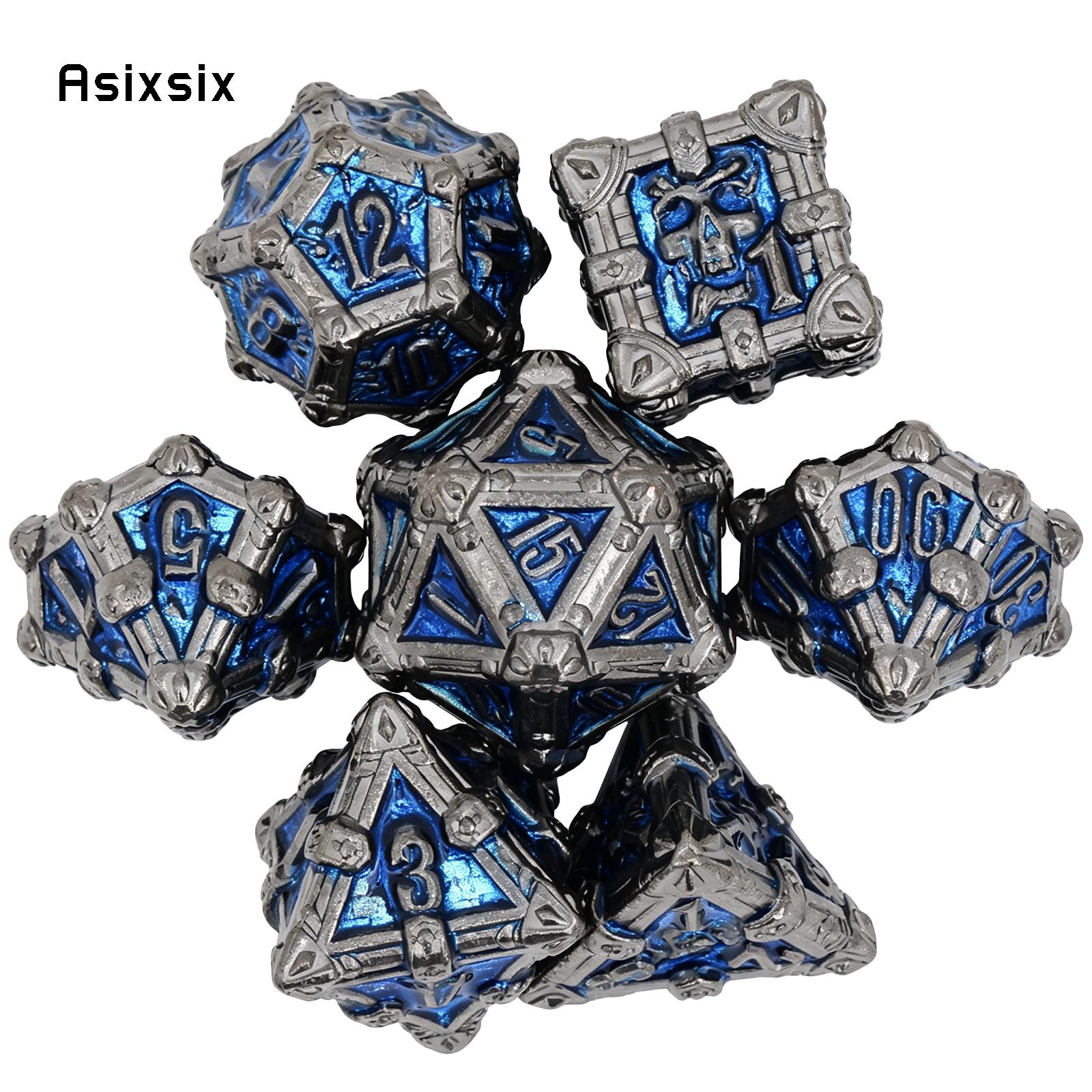 Metal Dice Perfect for Tabletop Rpgs and Card Games 7 Pcs Silver Blue Skull Dice Solid Metal Polyhedral Dice Role-Playing RPG