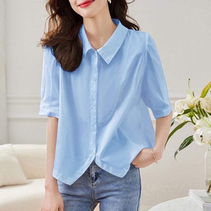 

Белая рубашка из чистого хлопка для женщин с коротким рукавом, летний новый стиль, нишевый дизайн, свободный топ XXL синий