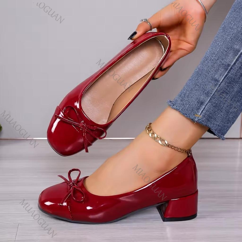 Fashion Women's Pumps Chunky Heeled Women Round Toe Bow-knot Sweet Wine Red Office Woman Mary Jane Shoes Fashion Shallow Heels for Women