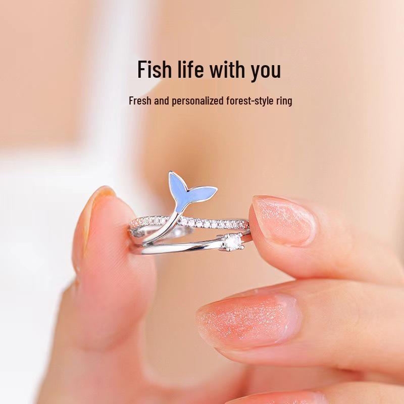 Blue Mermaid Sparkling Diamond Adjustable Ring - Trendy Light Luxury Design for Women.