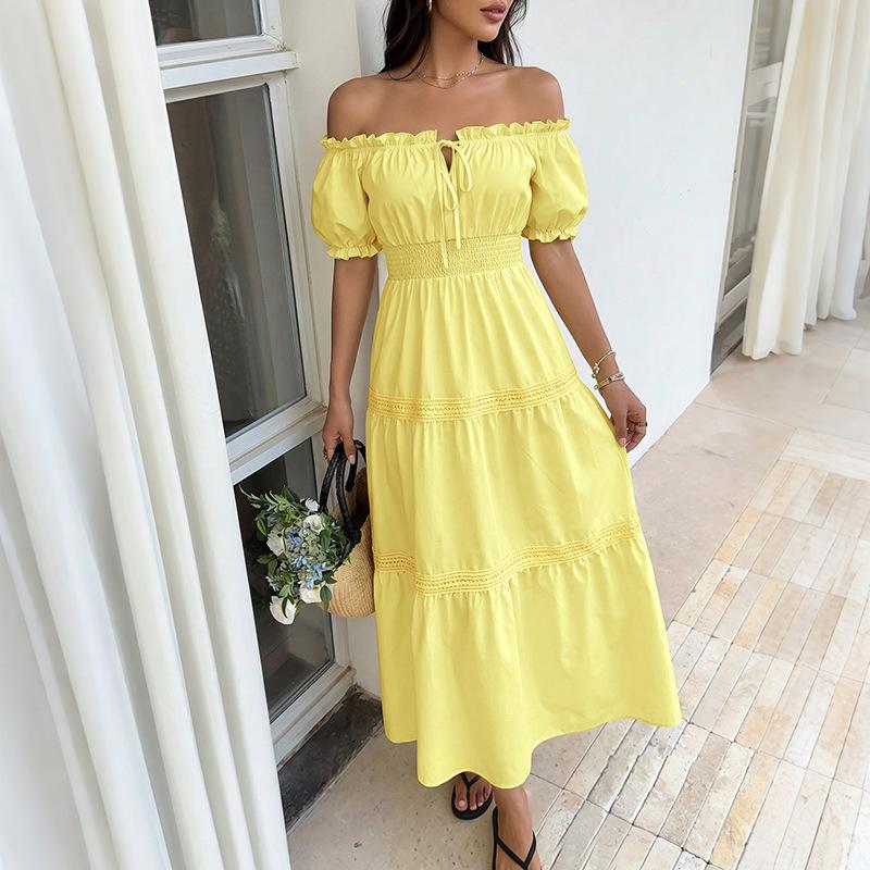 Women Off Shoulder Tiered Maxi Dress Smocked Waist Puff Sleeve Casual Summer Vacation Dress S