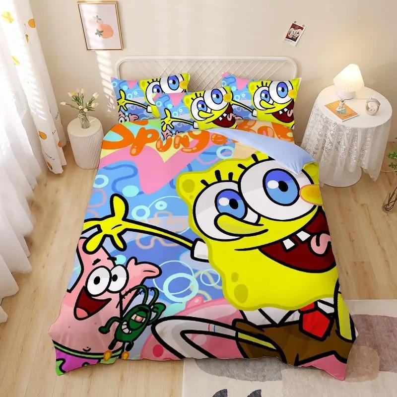 Cartoon New 3d S-SpongeBobS Duvet Cover Pillowcases Twin Full Queen King Size Bedding Set Soft Bed Linens Bedclothes