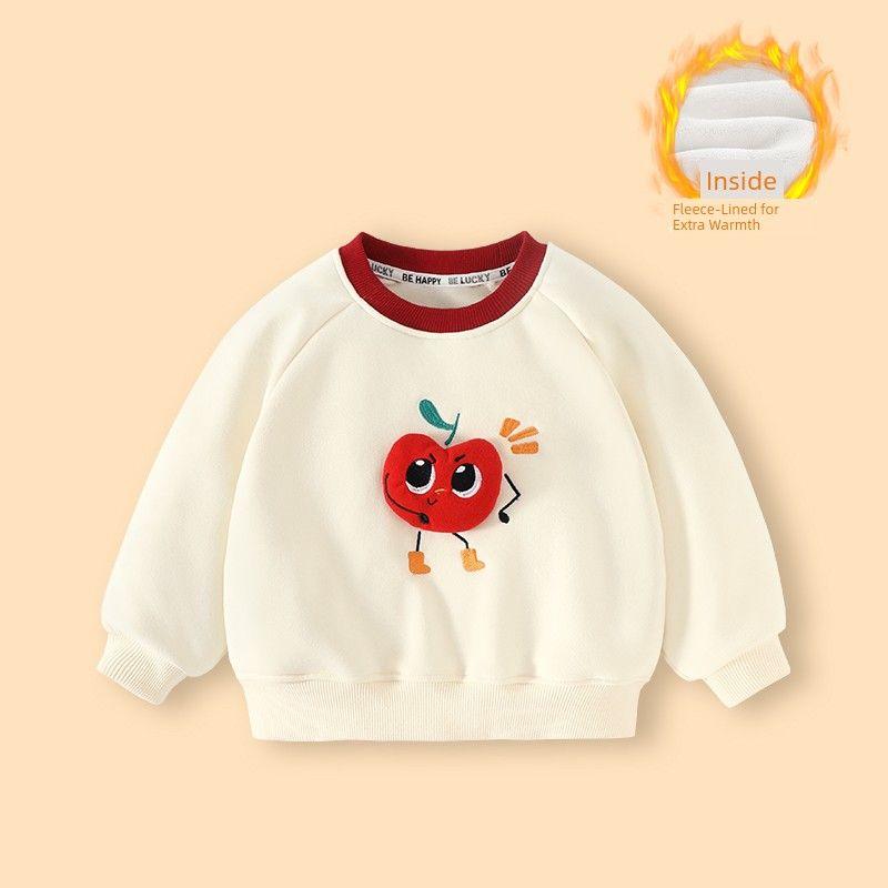 Baby Fleece-Lined Red Sweatshirt Winter Wear Thickened Festive New Year Boys' Top Children's New Year Greeting Clothes for Girls