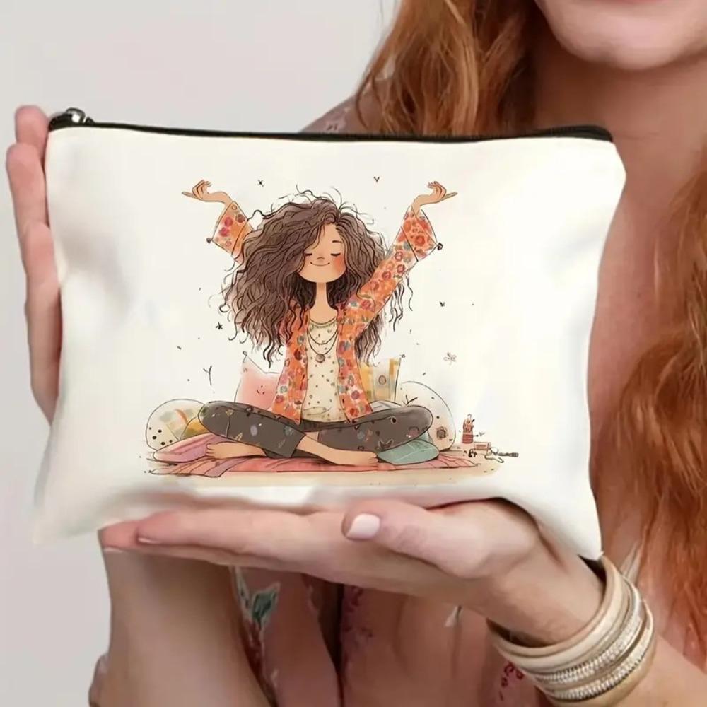 Durable Vintage Style Makeup Bag Cute Girl Pattern Foldable Storage Bag Lightweight Zipper Toiletry Bag Travel