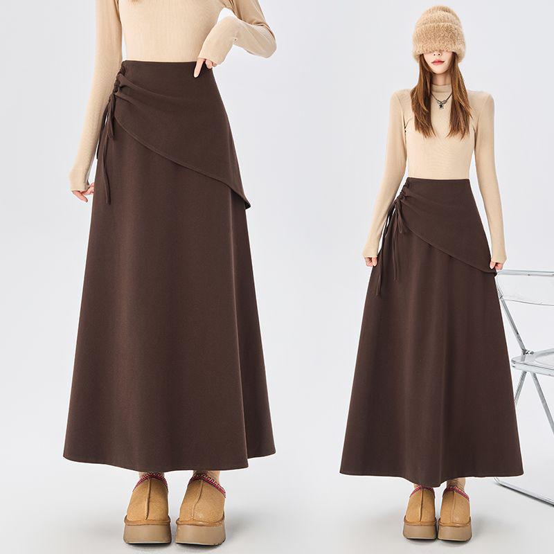2025 New Design Women's Irregular Gray Woolen A-Line Tie-Up Long Skirt for Autumn/Winter