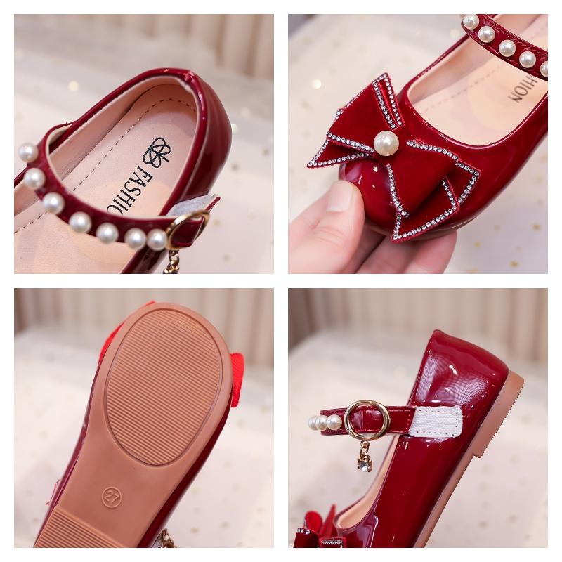 Princess Style Little Girls Leather Shoes with Big Bow New Autumn Kids Wine Red Mary Jane Ballet Flats Soft Sole Elegant
