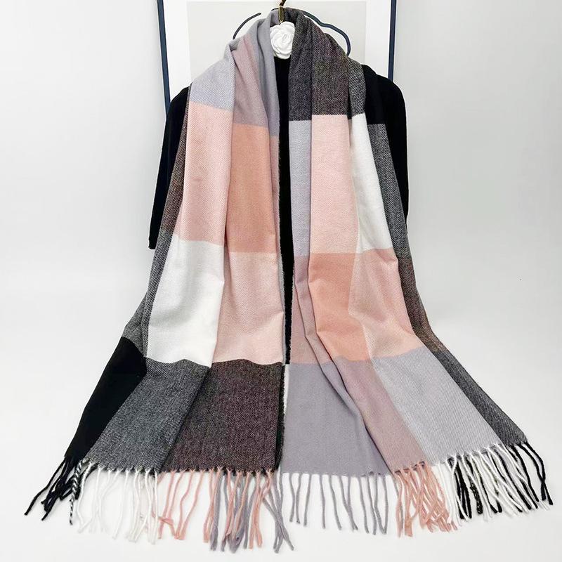 Осенне-зимний клетчатый снуд с кисточками: Толстая шаль из искусственного кашемира