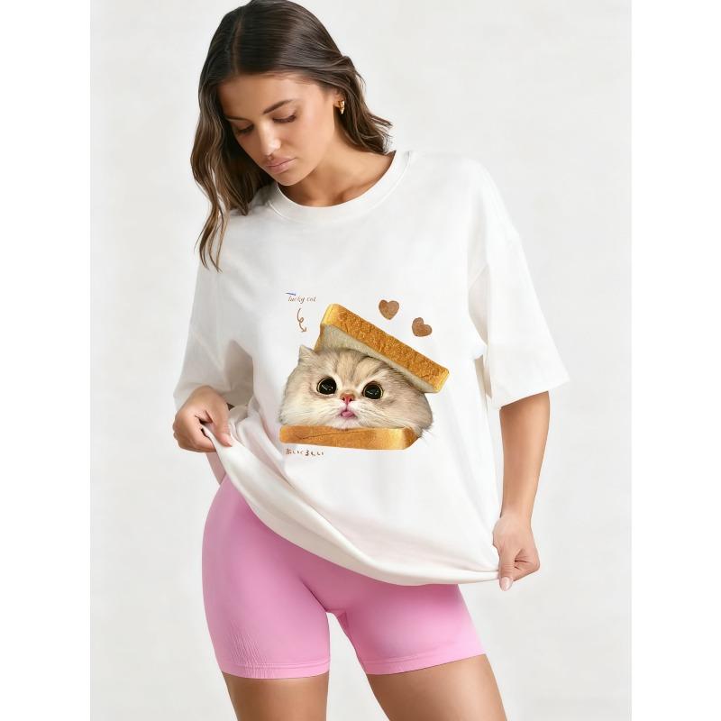 Oversized T Shirt Black Cat With Toast Print And Text For Casual Wear