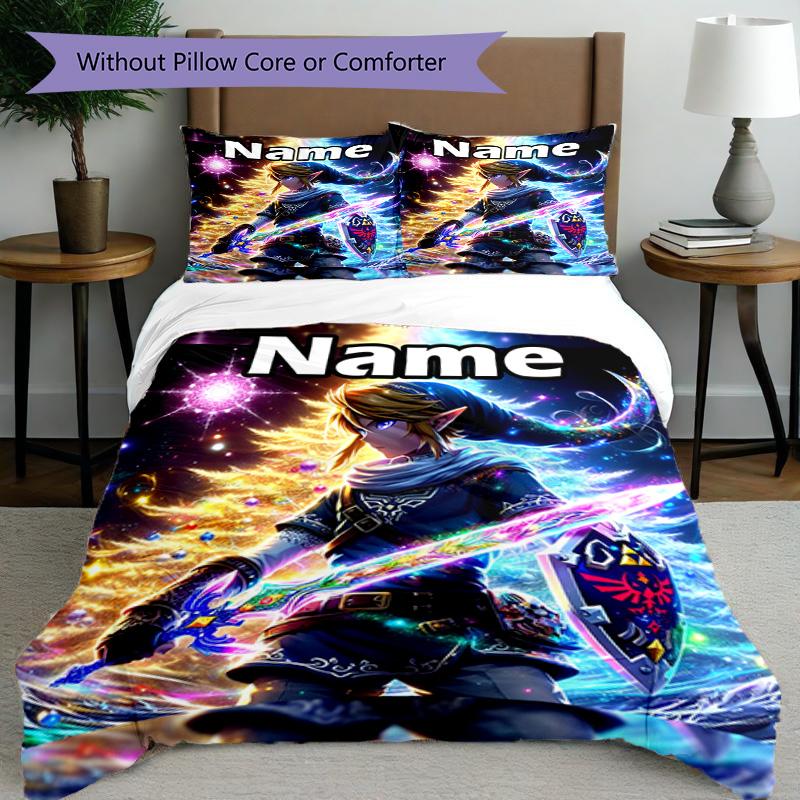 3pcs Duvet Cover Set (1*Duvet Cover + 2*Pillowcase, Without Core), Custom Name The Legend of Zelda Pattern Bedding Set, Home Bedroom Decor Gift