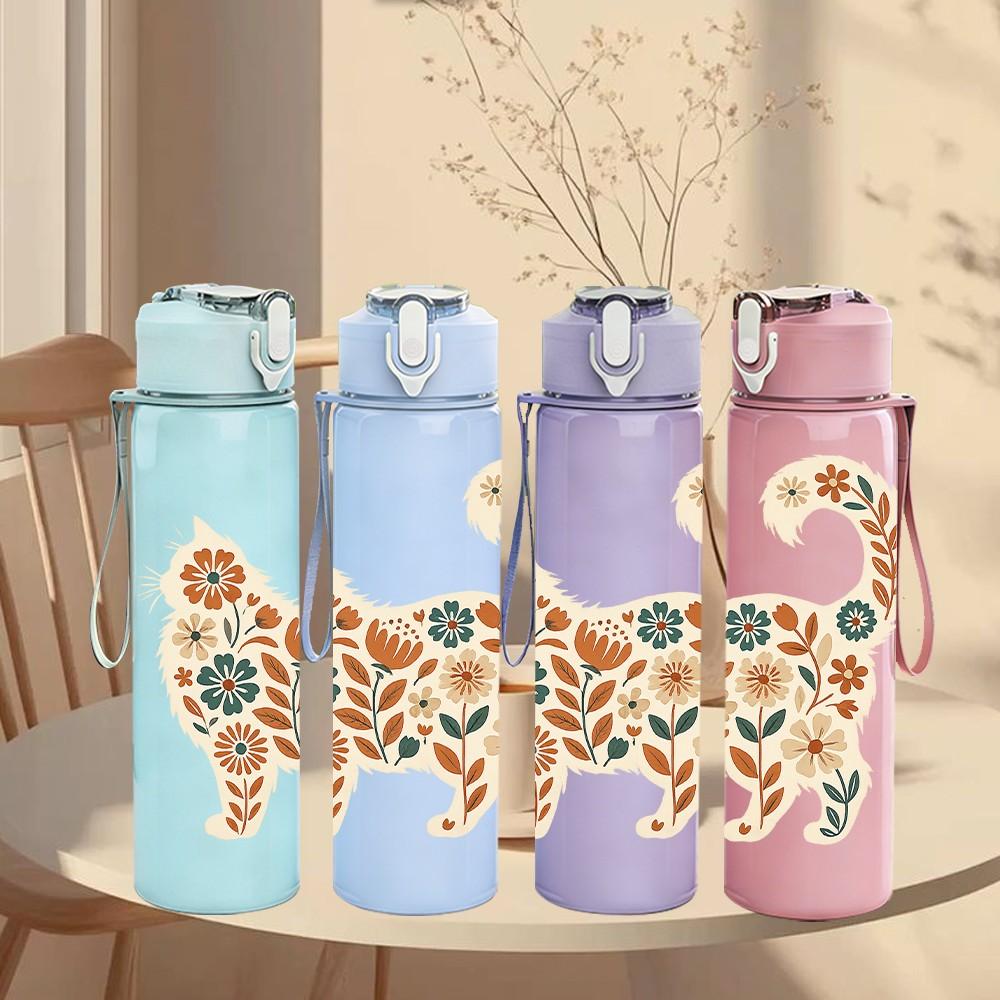 1PC Floral Pattern Cat Curve Art Print 750ml Color Plastic Sports Water Bottle Leakproof Flip Straw Lid Suitable for Sports Office Home Use