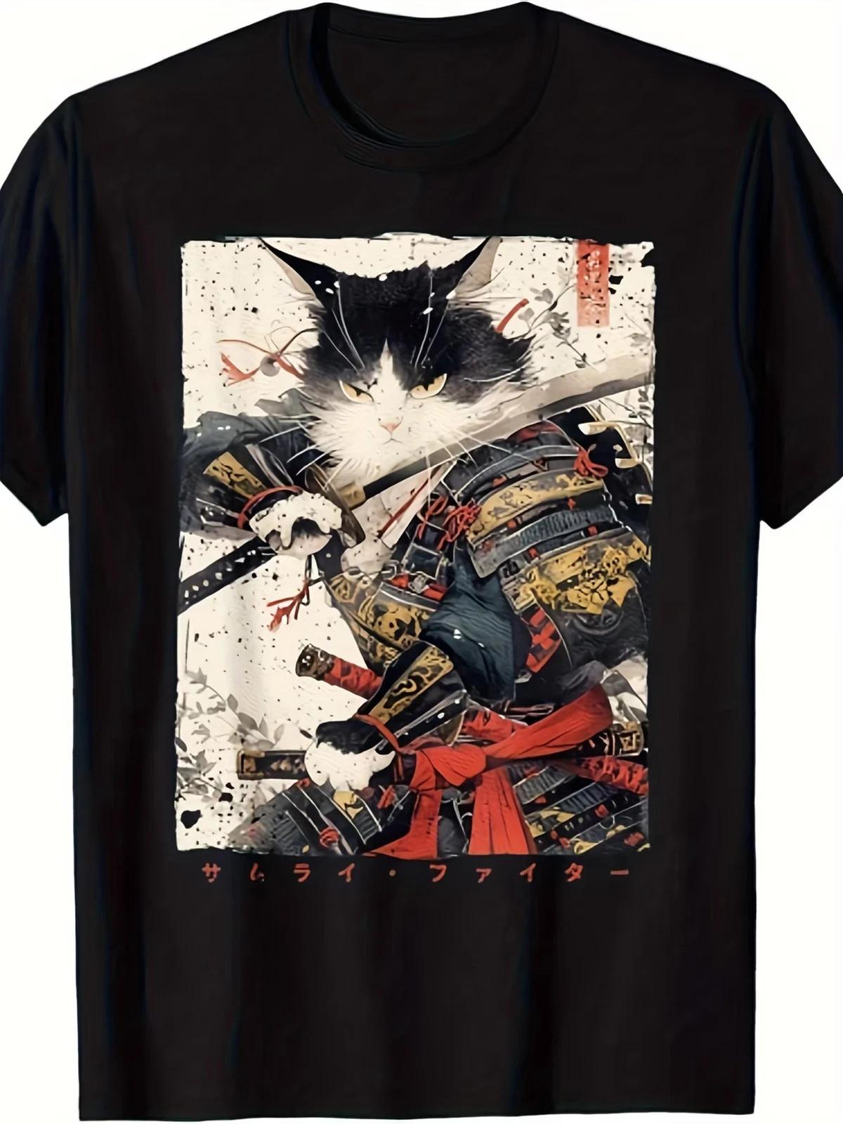 Samurai Cat Warrior Ukiyo-e Ink Art T-Shirt - History & Manga Fans Tee S-2XL Unisex T-Shirt M