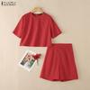 ZANZEA Women Short Sleeve Blouse and Shorts Casual Two Piece Sets