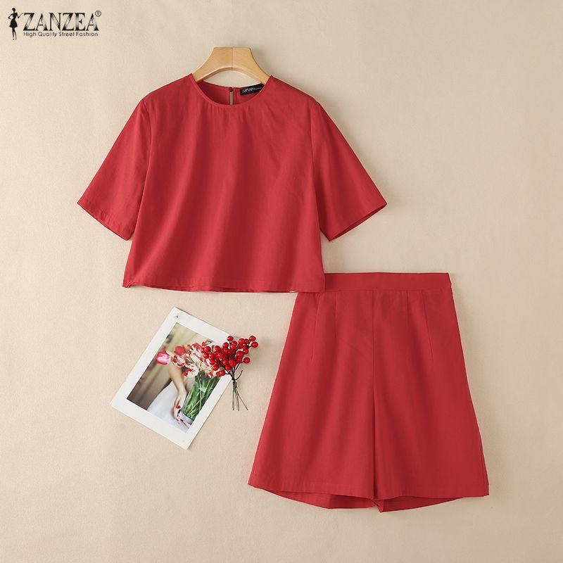 ZANZEA Women Short Sleeve Blouse and Shorts Casual Two Piece Sets