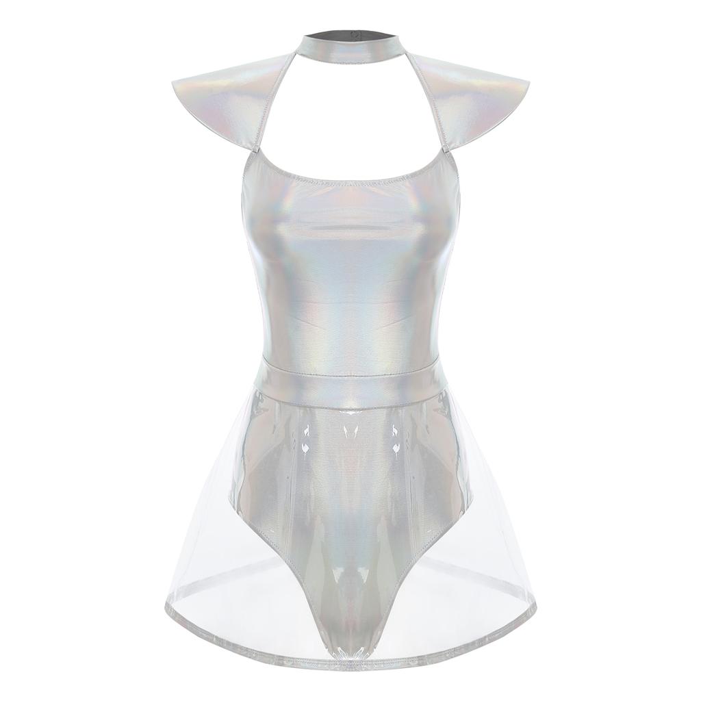 Womens Space Alien Cosplay Costume Fly Sleeve Cutout Briefs Bottom PVC Skirt One Piece Bodysuit Carnival Wear